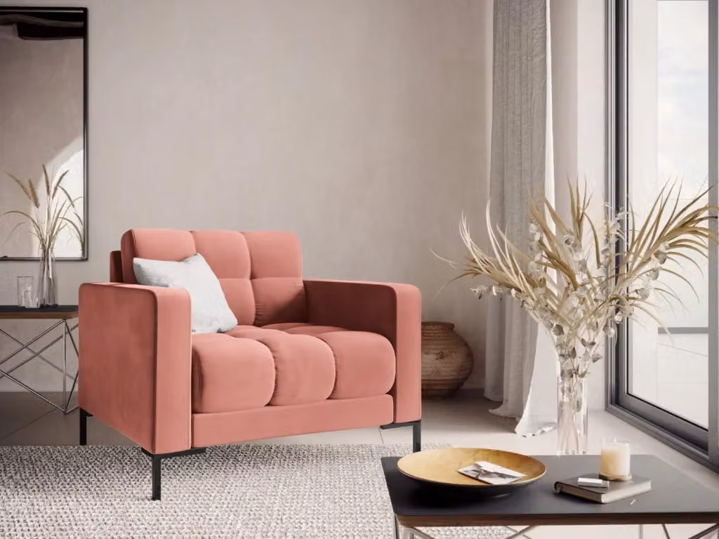 Poltrona Bali Cosmopolitan Design in velluto rosa con struttura in metallo nero e braccioli – 2