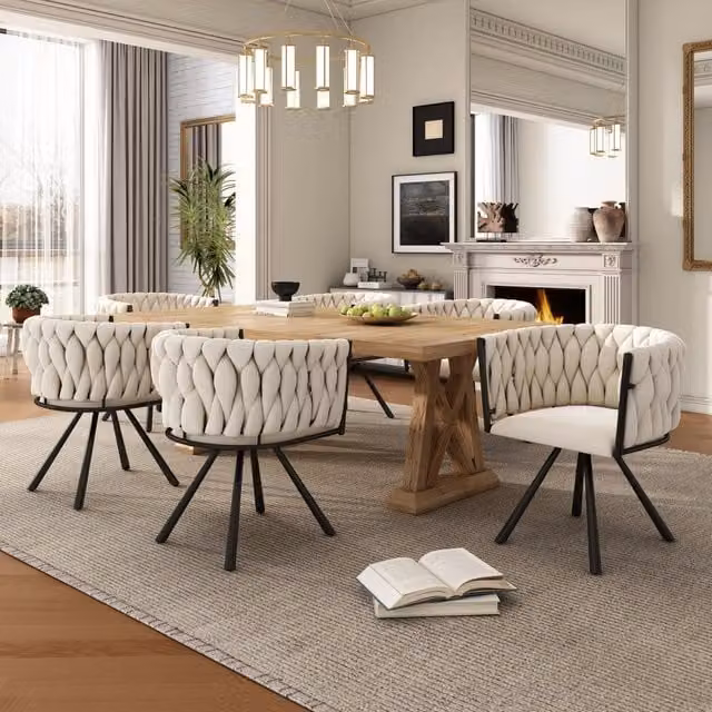 Set di 6 sedie da pranzo girevoli WISHDOR in velluto beige con struttura in metallo bianco