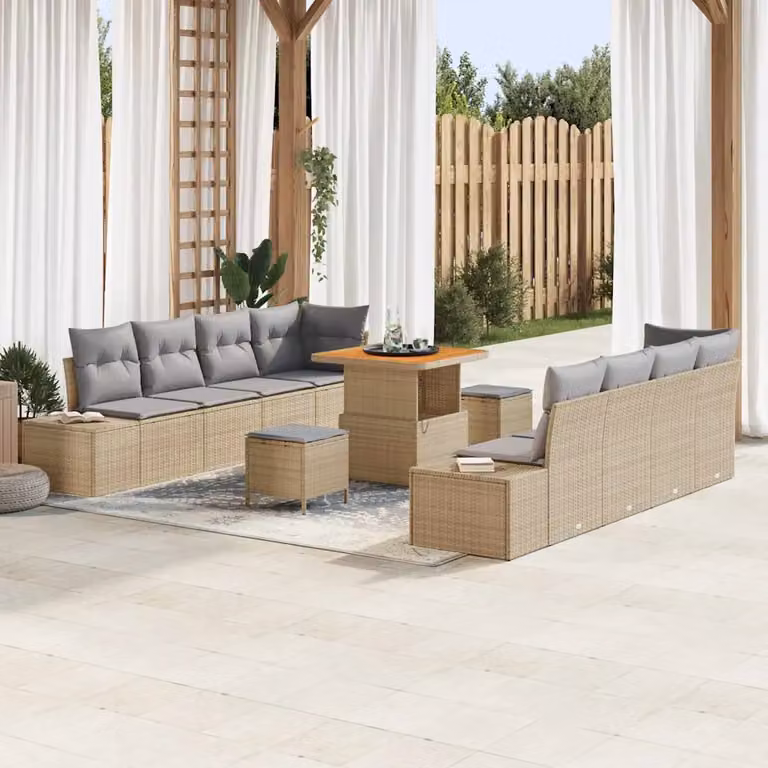 Set Divano da Giardino vidaXL 11 Pezzi in Polyrattan Beige con Cuscini e Tavolino
