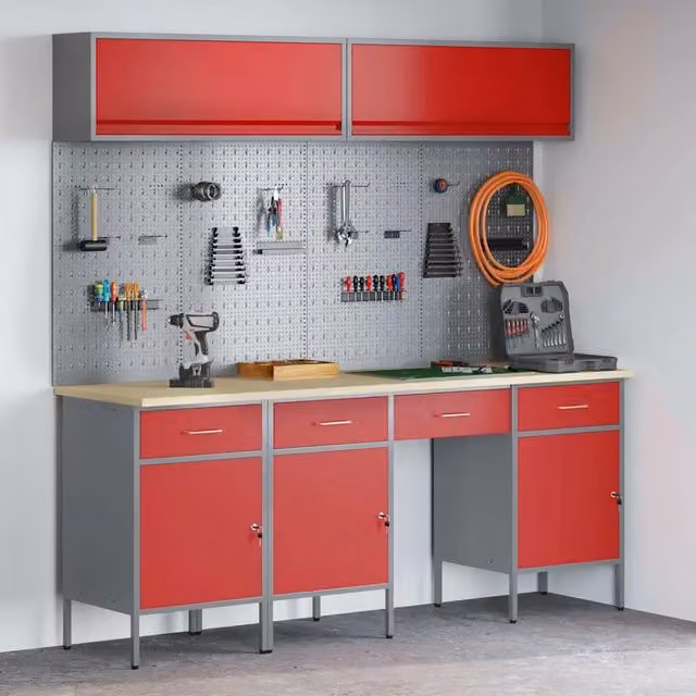 Set di mobili da lavoro vidaXL in acciaio e legno, 10 pezzi, Rosso con cassetto con blocco