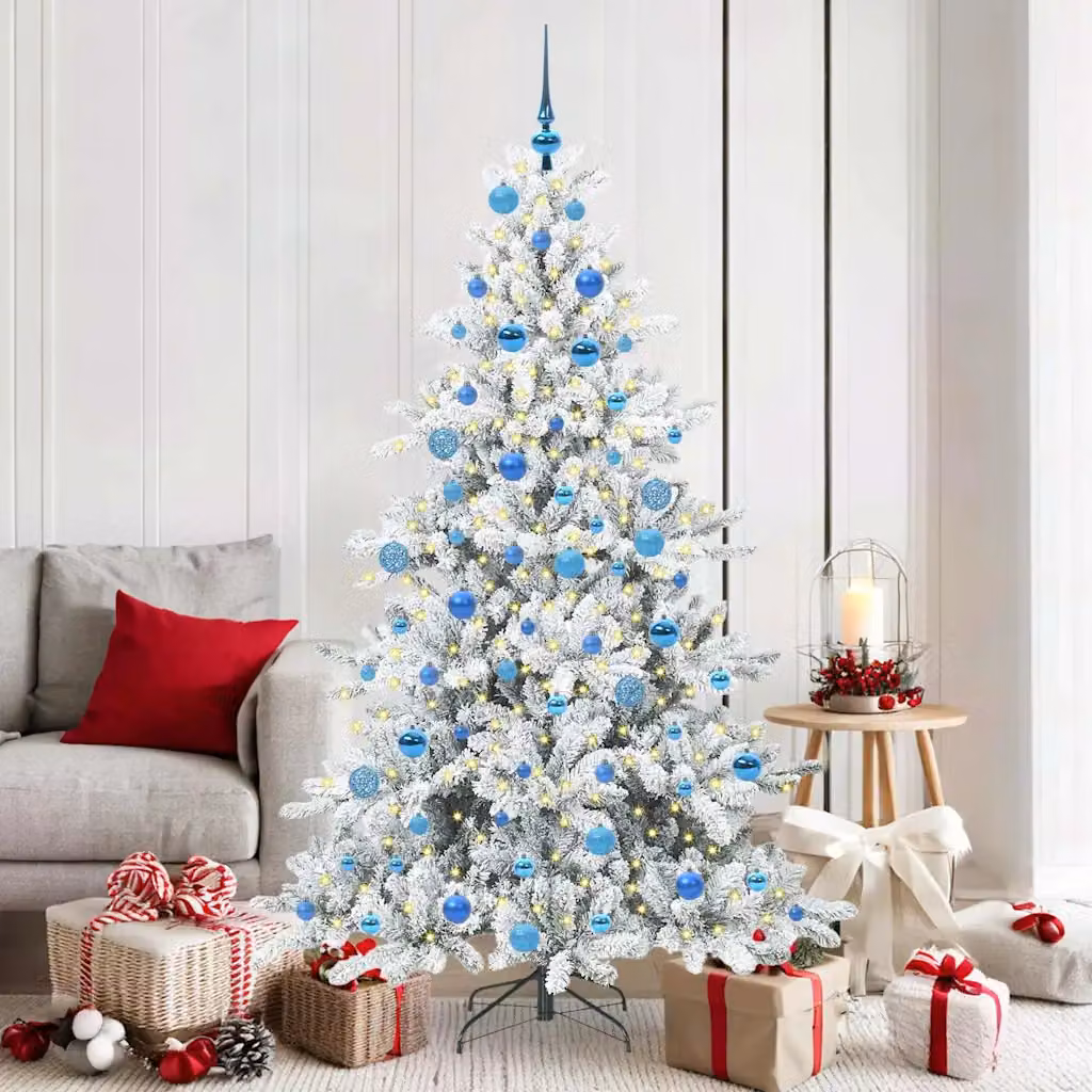 Albero di Natale Artificiale Moderno vidaXL Bianco con Luci LED Warm White e Rami Pieghevoli in PVC e Metallo