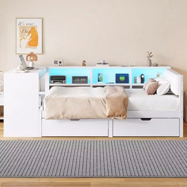 Letto 140x200 con cassetti; vani portaoggetti; ricarica USB; luci LED e testiera imbottita in lino; bianco