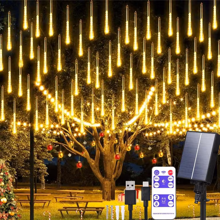 Catena luminosa a forma di meteora, 30 cm, 10 elementi, 240 LED, alimentazione solare, impermeabile