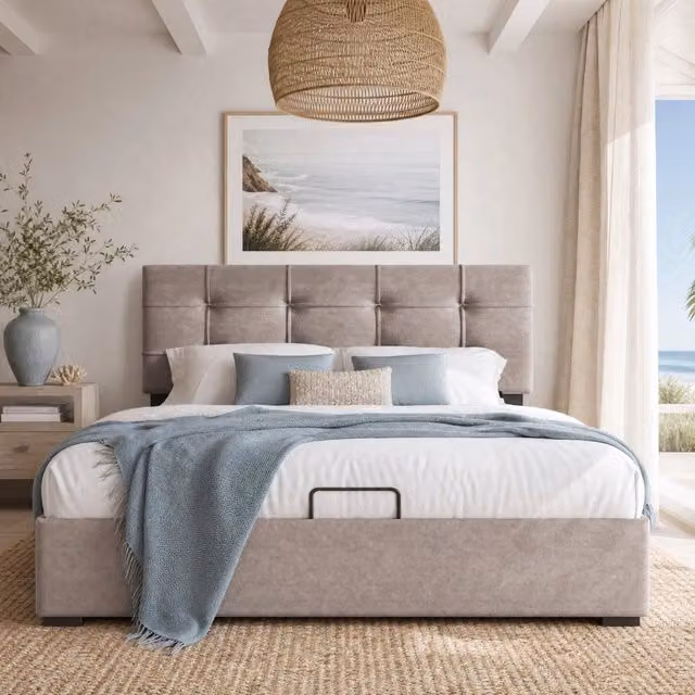 Letto matrimoniale imbottito 140x200 cm con testiera regolabile, struttura in metallo e legno, design moderno in velluto grigio chiaro con contenitore