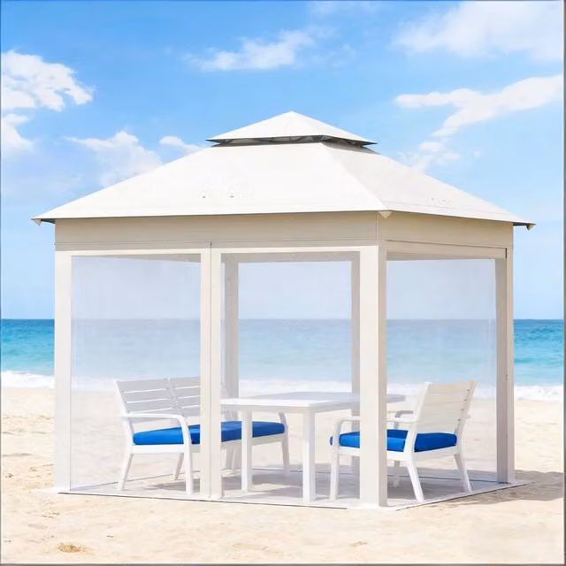 Gazebo da giardino pieghevole con zanzariere e doppio tetto in acciaio e tessuto Oxford beige 3 × 3 × 2.76 m