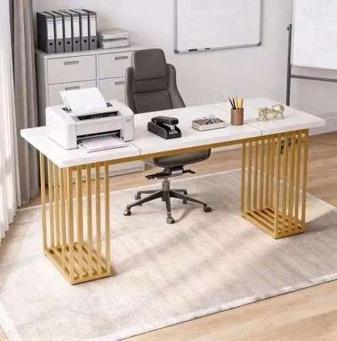 Scrivania moderna rettangolare bianca e oro L: 180 cm, P: 79 cm, H: 78 cm