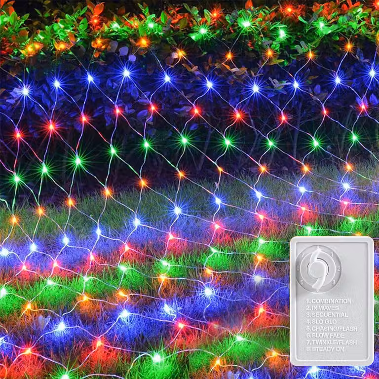 Rete luminosa 2X2m 144Leds Colorful LED luci fiabesche Tenda luminosa a rete Elettricità 8 modalità di luce Funzione di memoria Festa di Natale Giardino Camera Balcone Decorazione