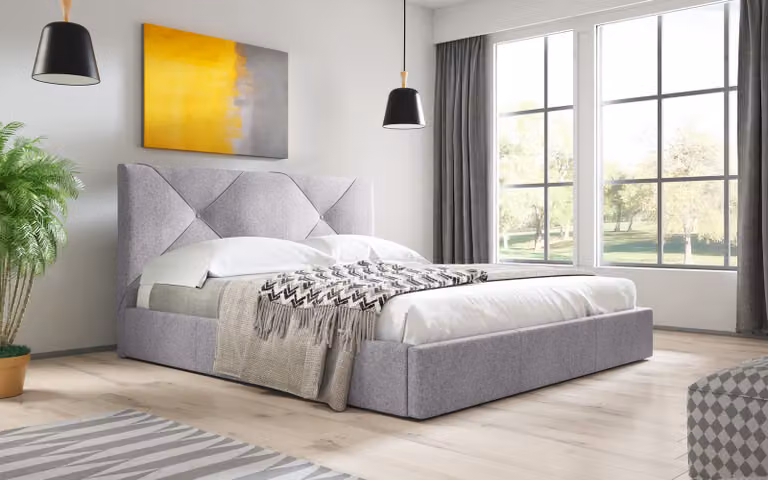 Letto imbottito Sofello con contenitore, 160 cm, grigio, tessuto moderno con vano contenitore, base a doghe in legno trapuntata