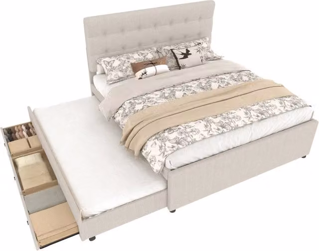 Letto matrimoniale estraibile 140×200 cm con 3 cassetti e testiera regolabile; senza materasso; beige