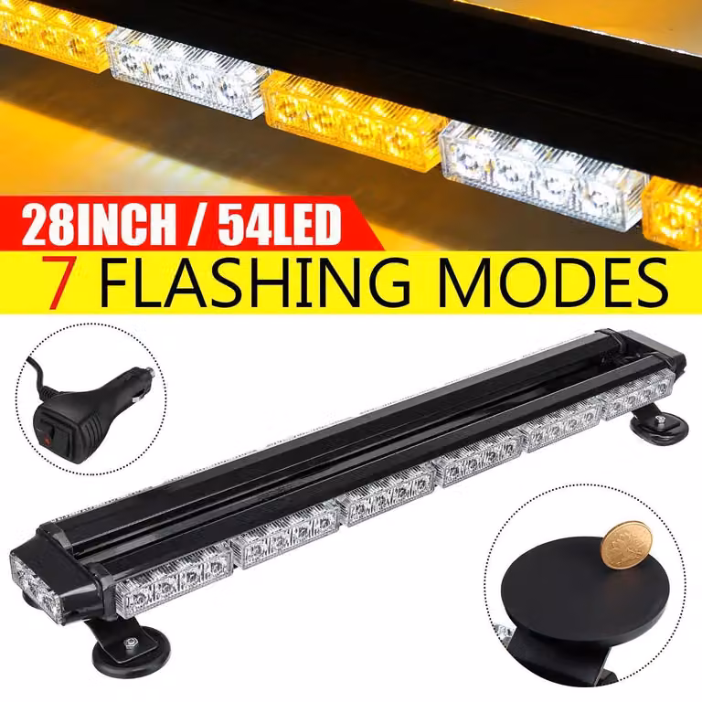 Segnalatore luminoso per veicoli - Barra luminosa a LED - 70 cm - 54 LED lampeggianti - Per montaggio sul tetto o sul paraurti - Impermeabile - Luce ambra e bianca a 3000K