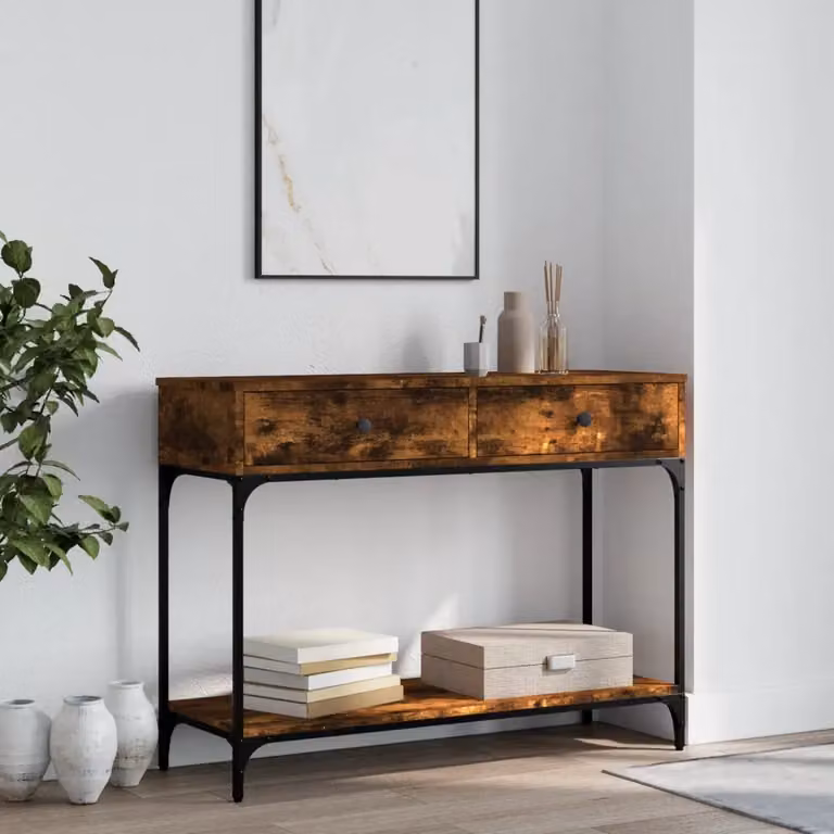 vidaXL Tavolino Consolle in Legno Rovere Fumo e Metallo, Stile Industriale, L 100 x P 34,5 x H 75 cm