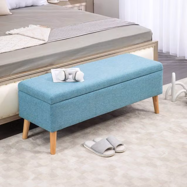 Panca contenitore imbottita MODFU in tessuto blu con finitura effetto lino, L: 120 cm, P: 39 cm, H: 45 cm