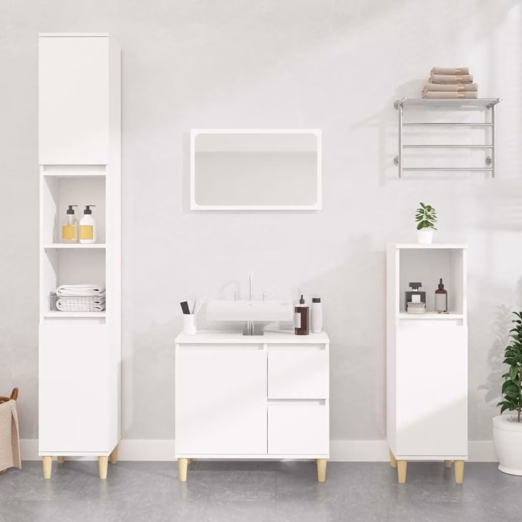 Set di mobili da bagno moderno vidaXL in 3 pezzi bianco in legno e MDF con mobile lavabo e colonna alta