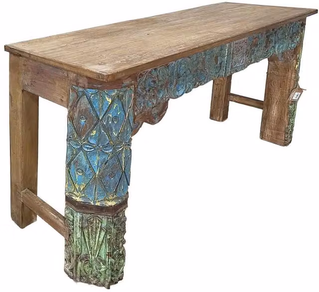 Consolle in legno con finitura artigianale marrone, 154x38x76h cm