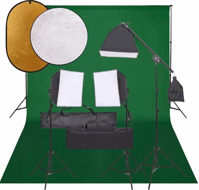 Kit per studio fotografico professionale con illuminazione LED, fondale e riflettore nero in alluminio e metallo