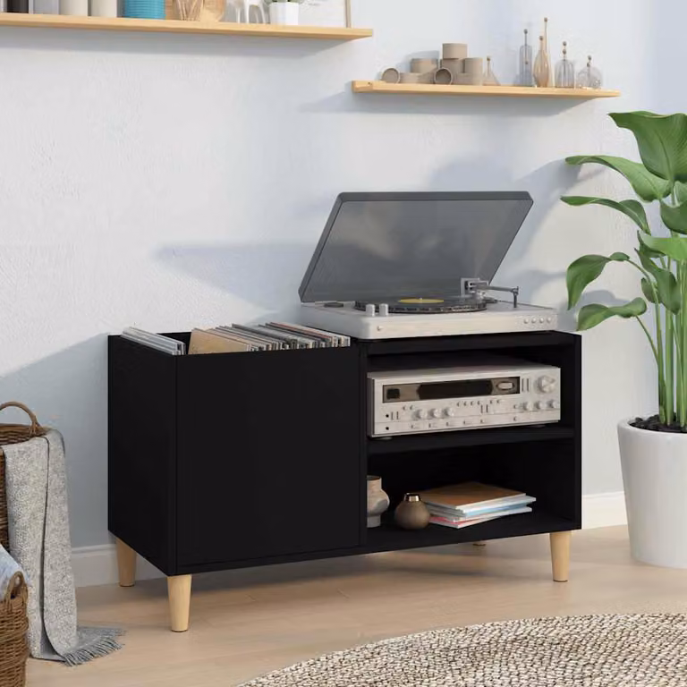 vidaXL Mobile Porta Dischi Nero in Legno Multistrato con Ruote H: 84,5 cm, L: 38 cm, P: 48 cm