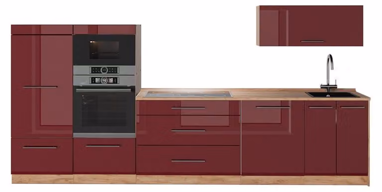 Cucina componibile Vicco Fame-Line Bordeaux lucido/Rovere dorato 340 cm senza piano di lavoro, Model 64462