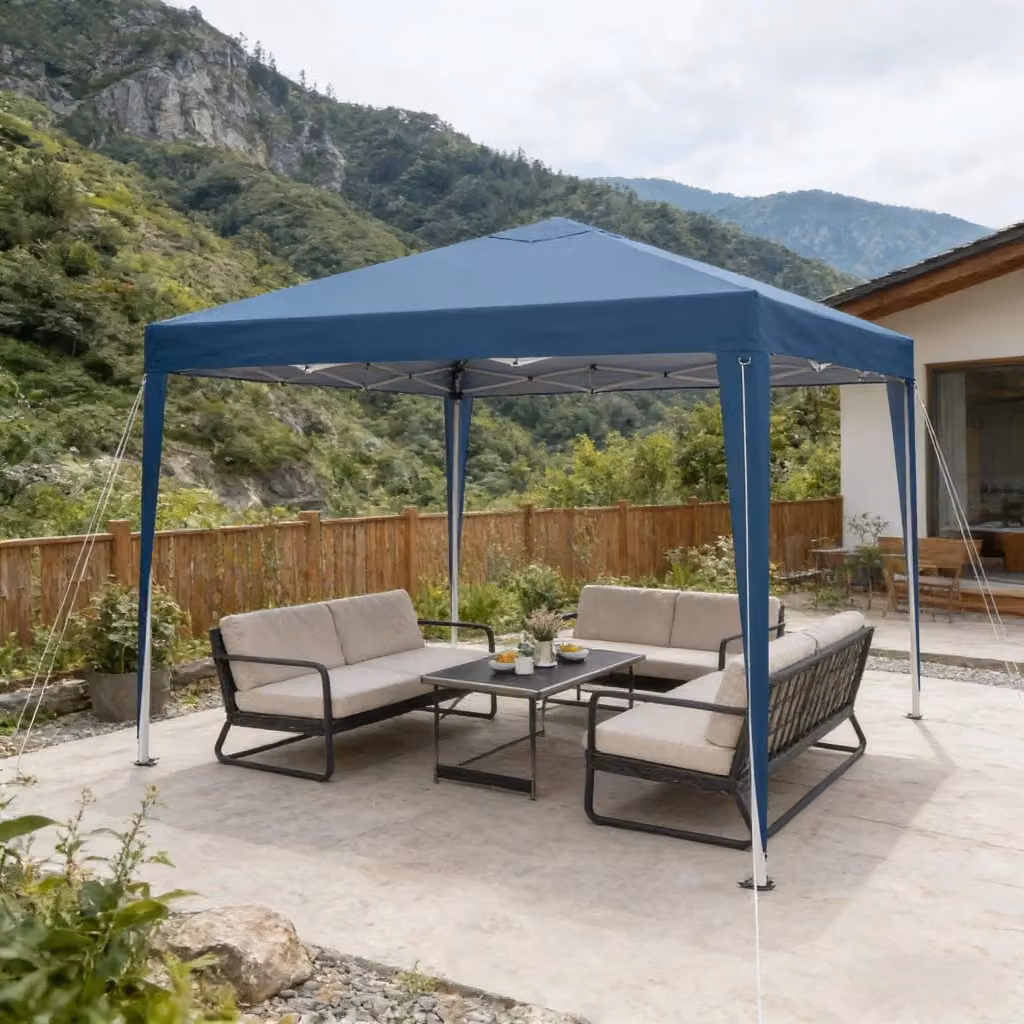 Gazebo da giardino pieghevole OKWISH blu con protezione da sole e pioggia in telo Oxford L/P: 3 x 3 m – 2