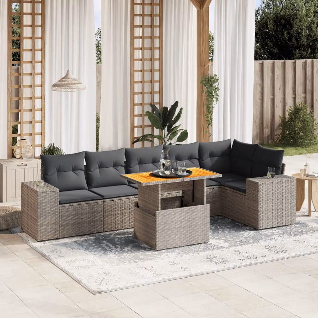 vidaXL Set Divani da Giardino 7 pz a Forma a L in Polyrattan Grigio con Cuscini e Tavolino – 1
