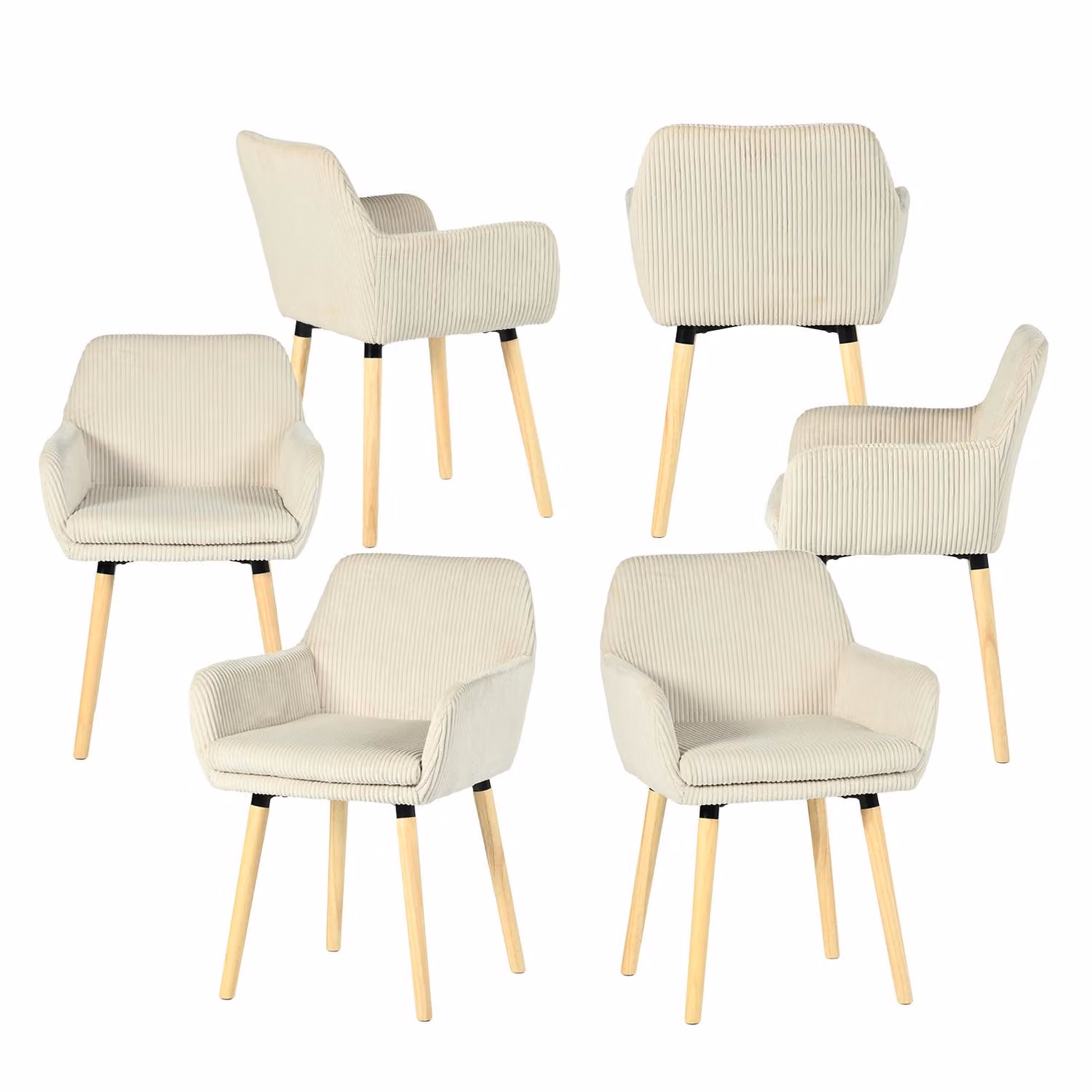 Meubles Cosy - Set da 6 sedie da pranzo in stile scandinavo con gambe in legno e braccioli in velluto a coste beige – ELIA