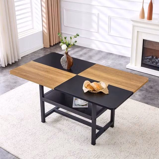 Tavolo da pranzo per 4-6 persone con ripiano integrato, stile industriale, MDF e metallo, nero e legno, 160 × 90 × 76 cm