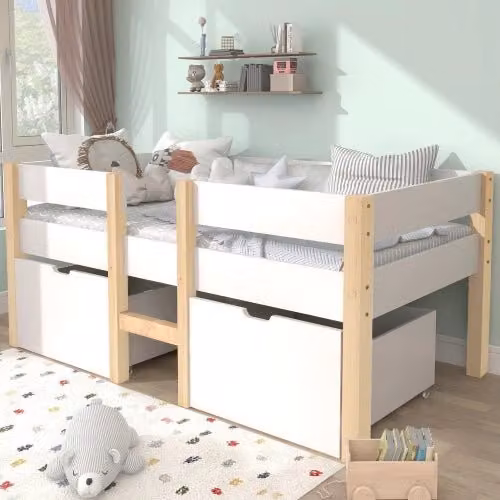 Letto Singolo per Bambini con Cassetto e Sponda ¨C MINIMAL ¨C Pino Massello 90x200 Bianco Rovere