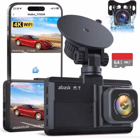 Telecamera per auto con visione notturna e sensore di coppia, qualità 4K HD, connessione wireless, vista anteriore e posteriore