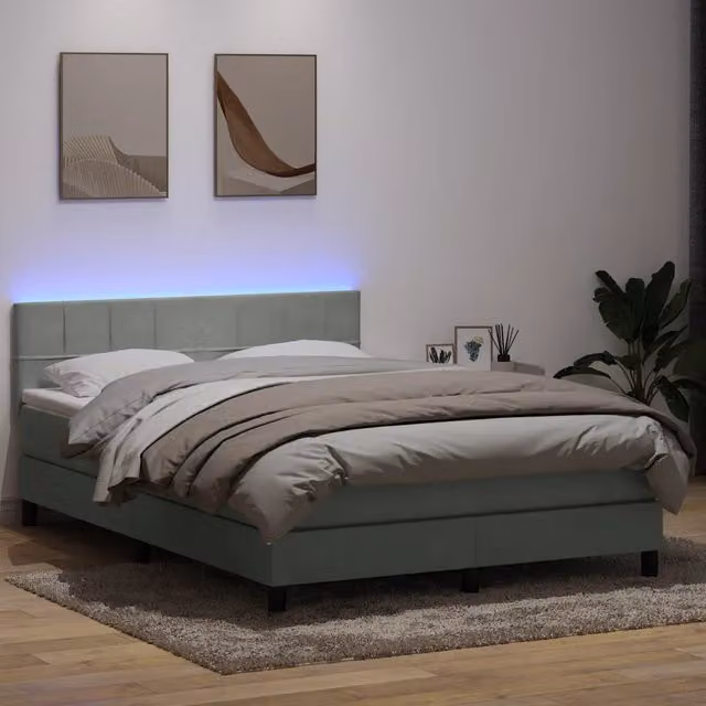 Letto matrimoniale vidaXL in velluto grigio con materasso ibrido, illuminazione LED sottostante e porta USB, L/P/H: 160 x 200 x 213 cm