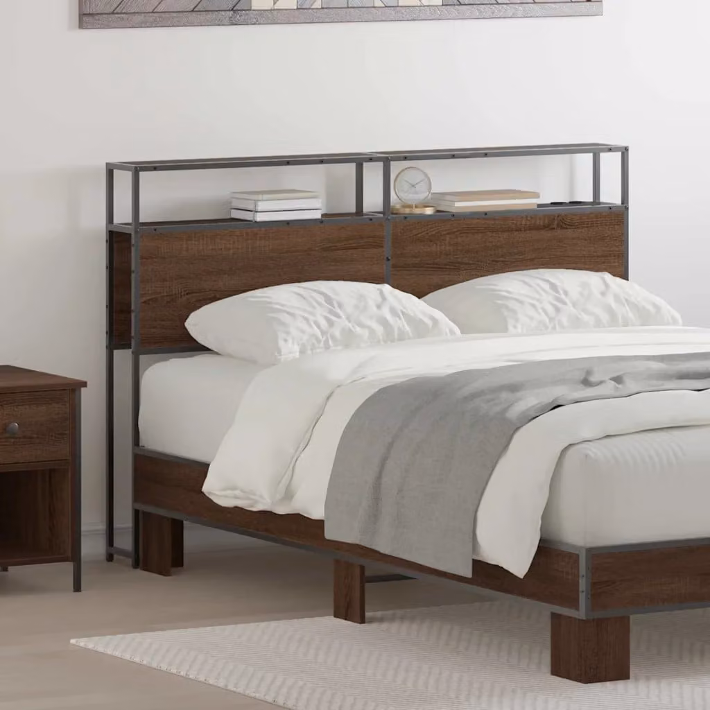 Testata letto con contenitore vidaXL in legno e metallo marrone con ripiano integrato e porta USB