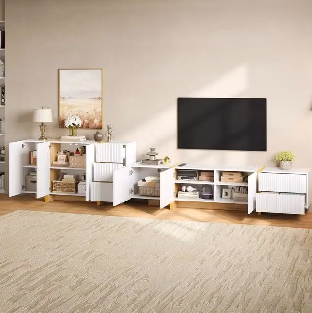 Set mobile TV e sideboard bianco con frontali a scanalature