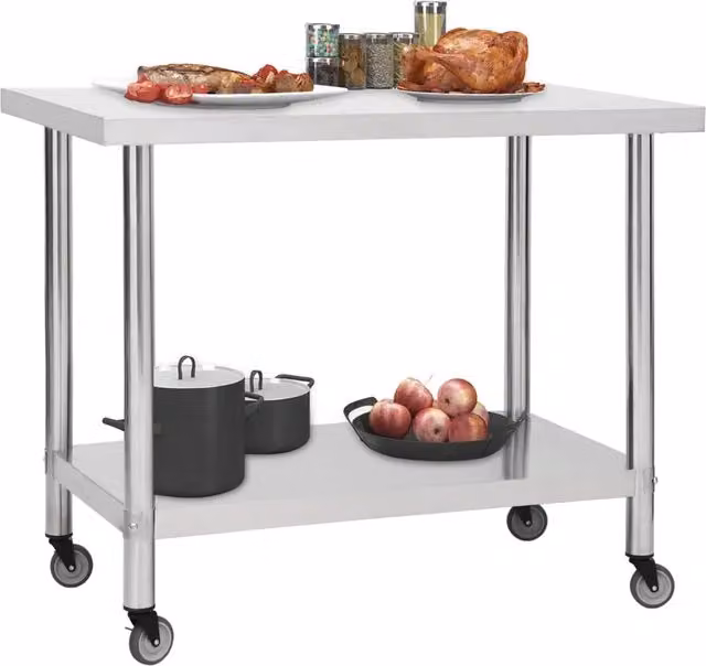 Tavolo da lavoro per cucina con ruote vidaXL in acciaio inox color argento L/P/H: 100 x 30 x 85 cm