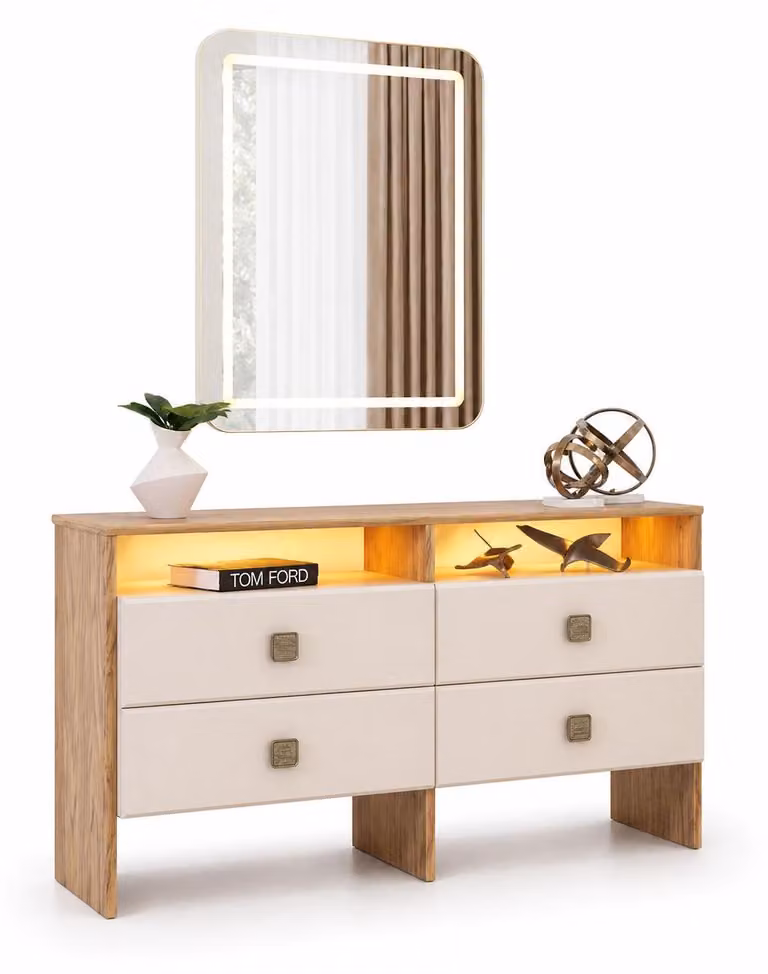 Comodino da trucco con specchio e illuminazione. Design moderno, mobili eleganti