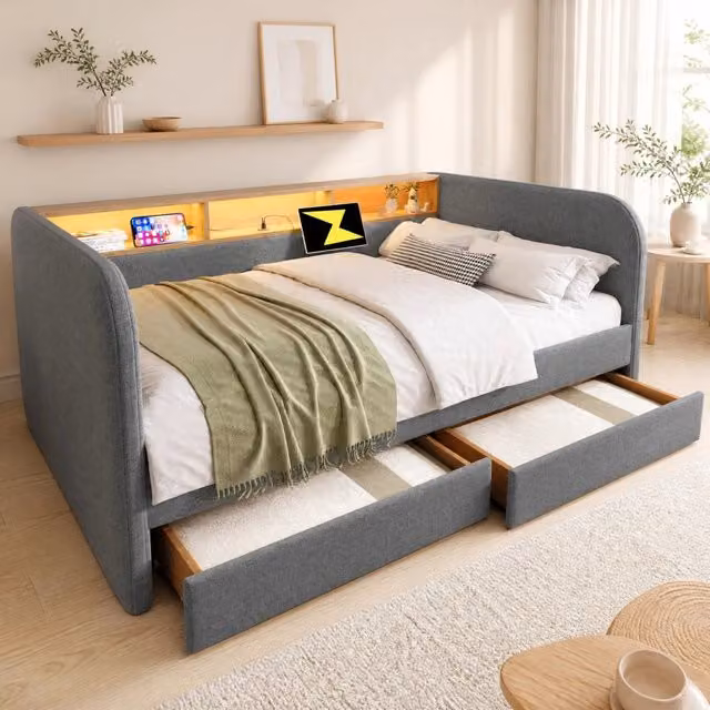 Letto divano 140×190 cm 2 posti con 2 cassetti, LED, USB e tipo C, senza materasso, in lino grigio