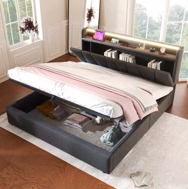 Letto matrimoniale 140x190 cm con testiera contenitore; LED RGBW; prese USB e Type-C; grigio