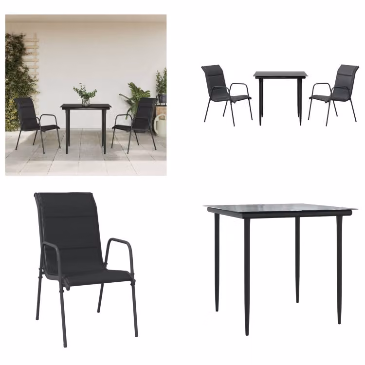 vidaXL Set da pranzo da giardino 3 pezzi in acciaio e textilene nero - Set da pranzo da giardino - Set di sedute da giardino - Set di sedute da esterno - Tavolo da giardino