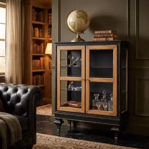 Vetrina classica Mobili 2G con 2 ante in vetro e ripiani interni in legno, disponibile in nero o marrone, L: 80 cm, P: 39 cm, H: 104 cm – 3