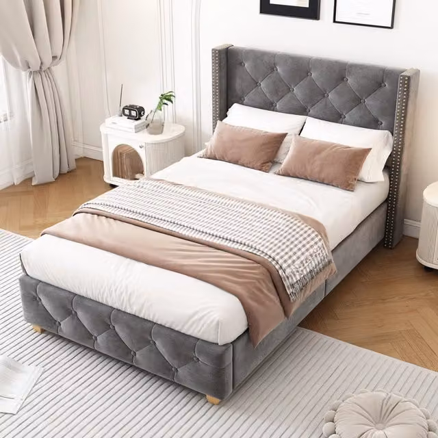 Letto singolo imbottito OKWISH in velluto grigio con testiera e pediera capitonné, L/P/H: 90 x 200 x 108 cm