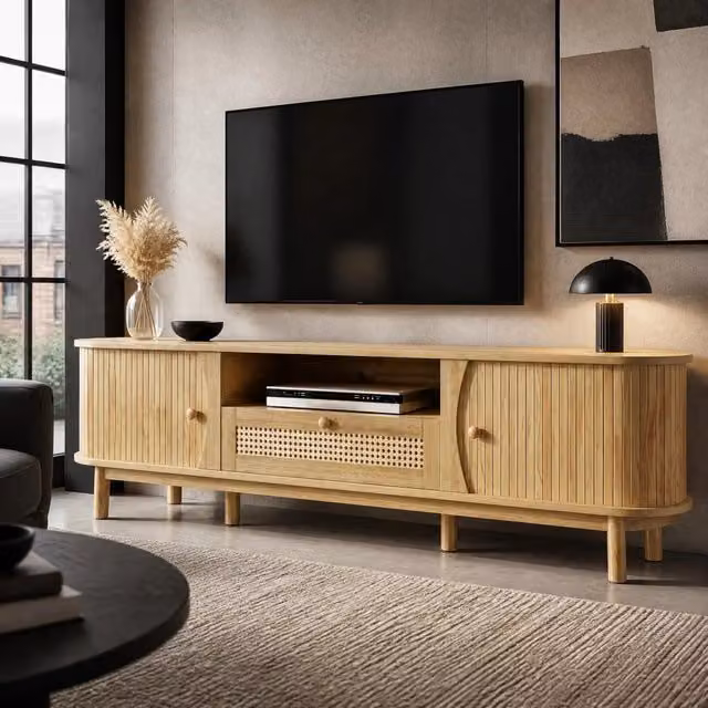 Mobile TV Mivray per soggiorno in stile scandinavo con ante in rattan e MDF naturale, colore beige, L: 165 cm, P: 37 cm, H: 46 cm