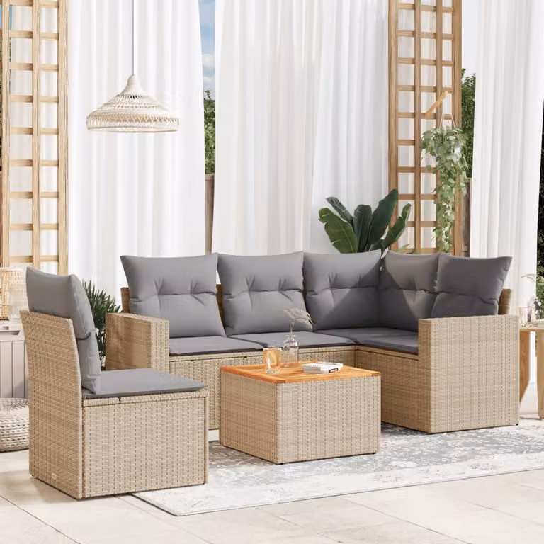 vidaXL Set Divano da Giardino a L in Polyrattan 6 pz con Cuscini Beige e Grigio