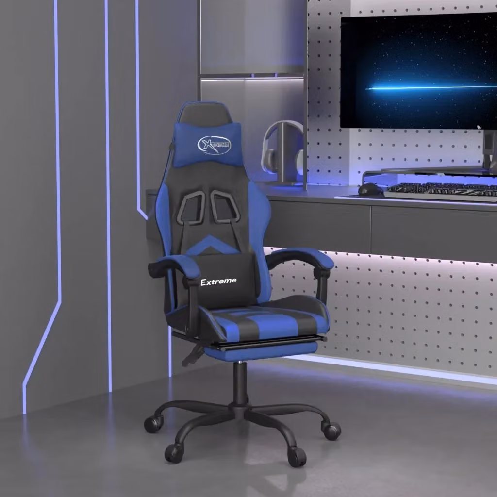 Sedia da Gaming Design In Girevole con Poggiapiedi e Riposatesta in Similpelle Nero e Blu – 2