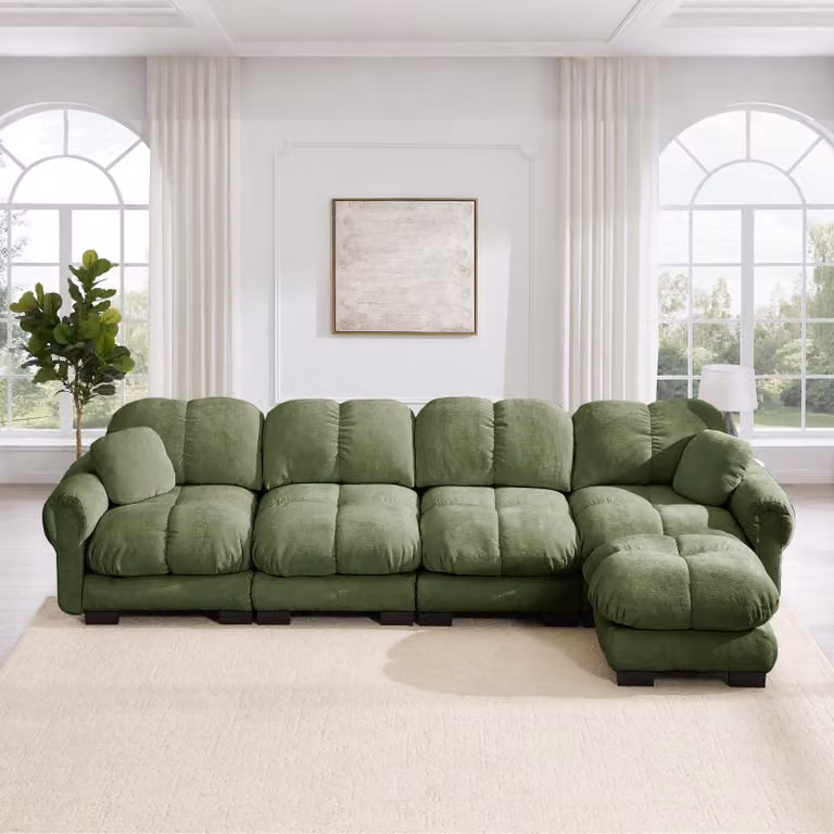 Divano angolare da soggiorno, 4 posti, in tessuto chenille, modulare, con poggiapiedi mobile, design trapuntato (grigio chiaro)
