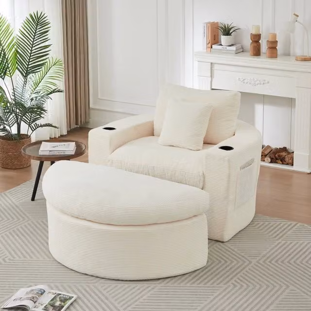 Poltrona imbottita - Poltrona rotonda - Divanetto monoposto - Con poggiapiedi - 2 portabicchieri - Beige
