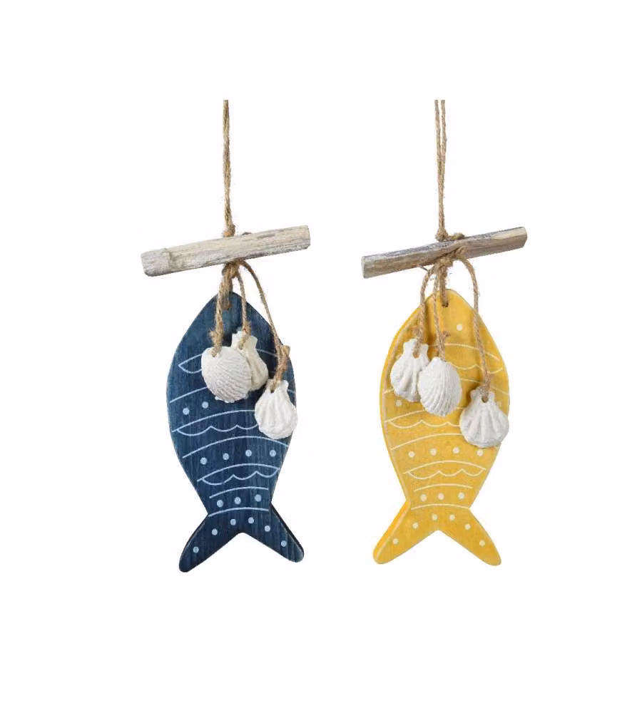 Decoro in legno pesce e conchiglie