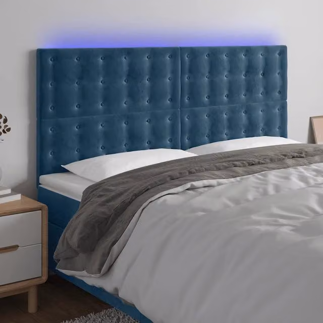 Testiera con LED Design Mania in Velluto Blu Scuro con Porta USB, L: 180 cm, H: 118-128 cm, P: 5 cm