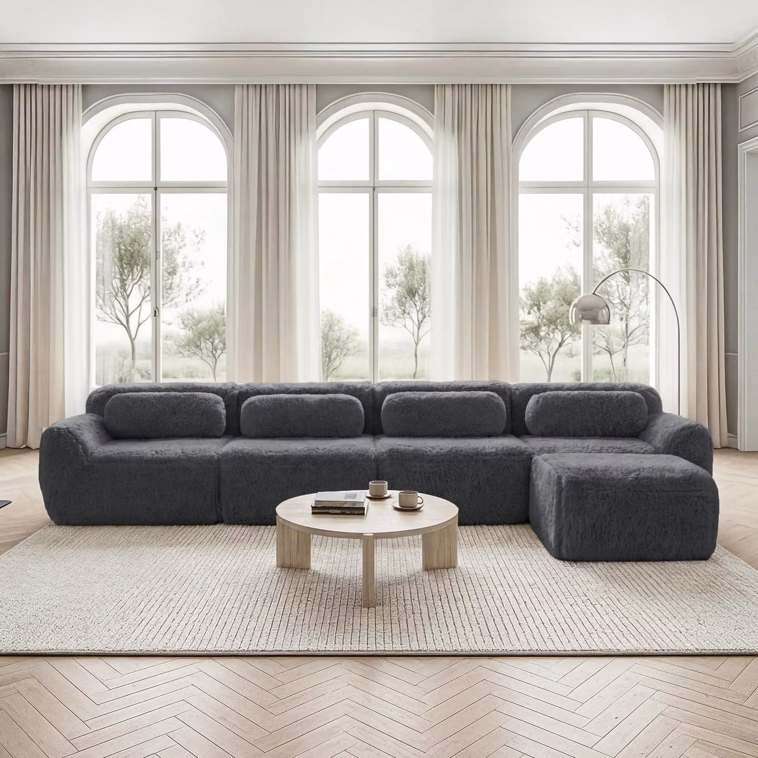 Divano angolare a 4 posti, modulare, senza necessità di montaggio, rivestito in velluto, con chaise longue, altamente elastico (grigio)