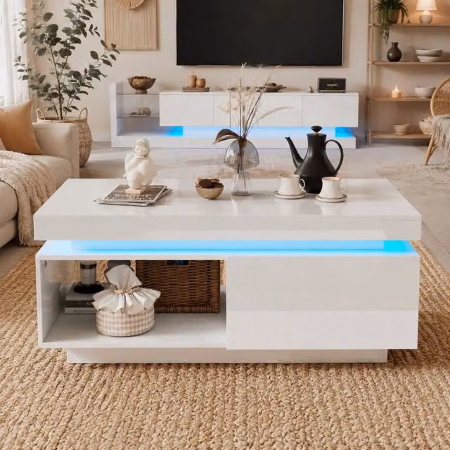 Set mobile TV e tavolino lucido con LED; bianco; in truciolare