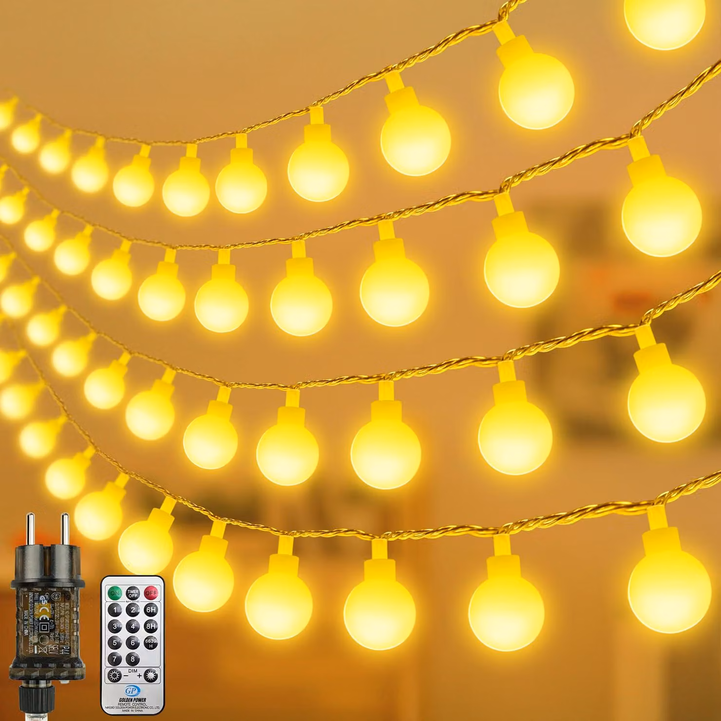 Catena luminosa a LED, 23 metri, luce bianco caldo, dimmerabile, 200 LED, grado di protezione IP44