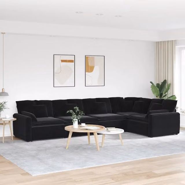 Divano Modulare Moderno vidaXL in Velluto Nero con Cuscini e Struttura in Metallo