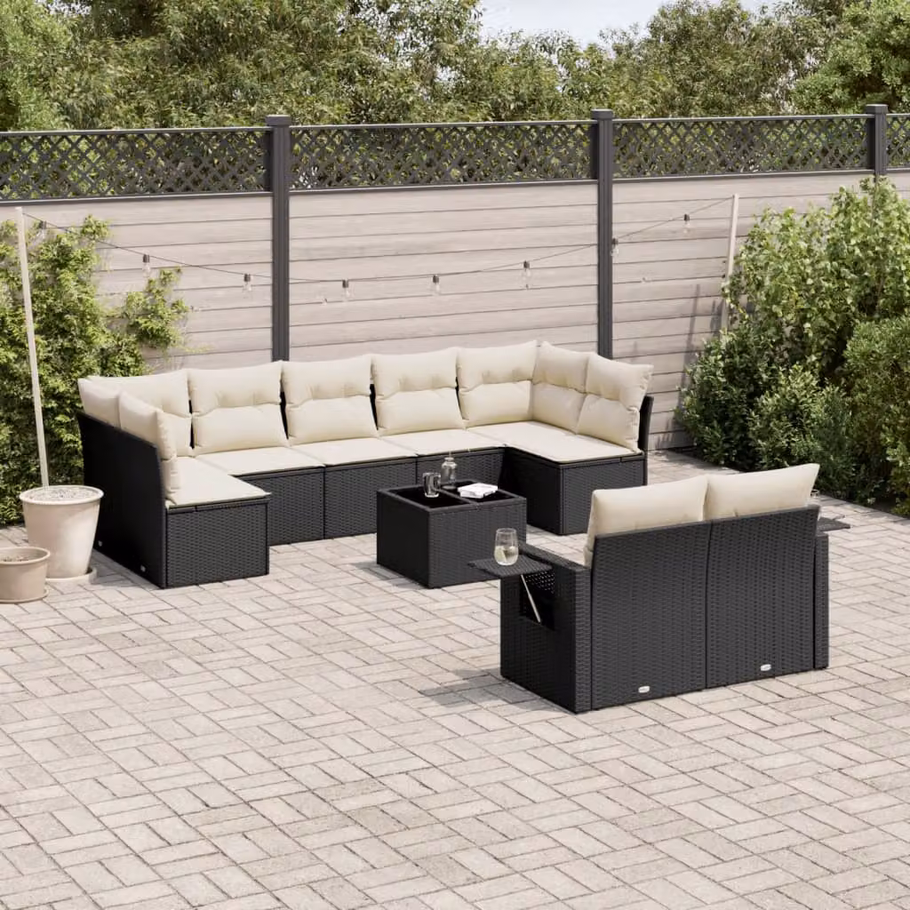 Set di divani da giardino vidaXL a forma di U composto da 10 pezzi in polyrattan nero con cuscini inclusi e tavolino da esterno – 1