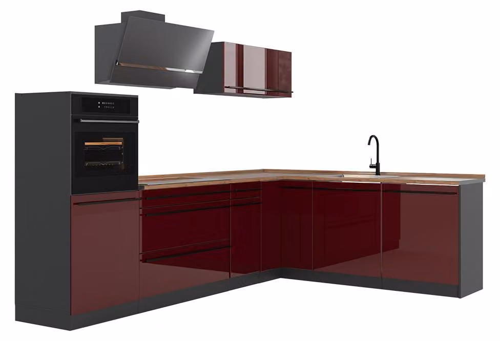 Cucina angolare completa Vicco R-Line Rosso lucido/Antracite 287 x cm piano di lavoro Rovere dorato, Model 66754